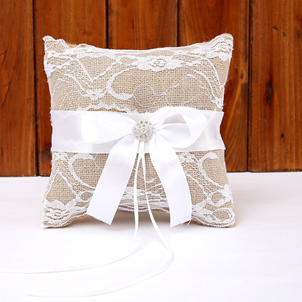 Wedding Ceremony Supply - 1セット ウェディングリングピロー レースリネン リボン結び装飾 コンパクトリングクッション セレモニー