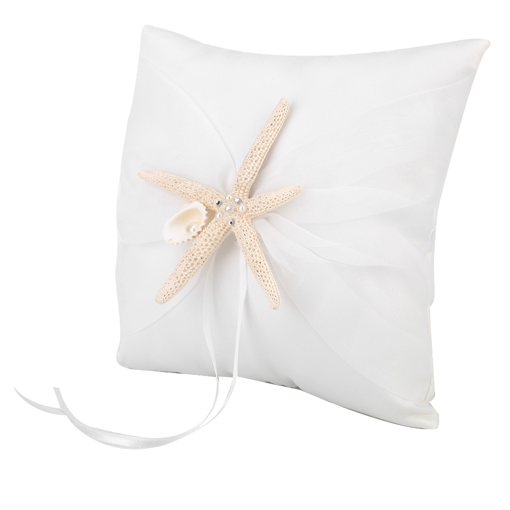 Ring Bearer Pillow - アイボリーのリングベアラー枕ホルダー、スターフィッシュ付きウェディングリングピロー