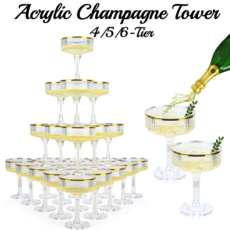 Champagne Tower Set - 4～6段アクリル製シャンパンタワー、透明プラスチック製クーペグラス、マティーニフルート、結婚式や誕生日パーティー用、7オンス