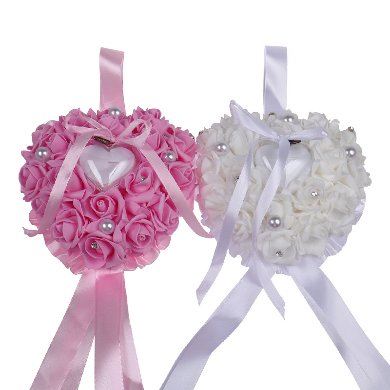 Ring Bearer Pillow - 1 個ハート型バラの花リングボックスロマンチックなウェディングジュエリーケースリングベアラー枕クッションホルダーバレンタインデーのギフト