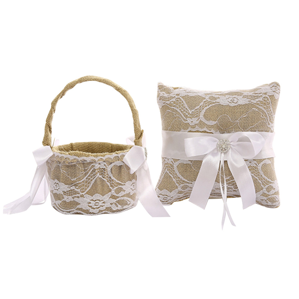 1セット ウェディングリングピロー レースリネン リボン結び - Wedding Ceremony Supply のレビューと価格