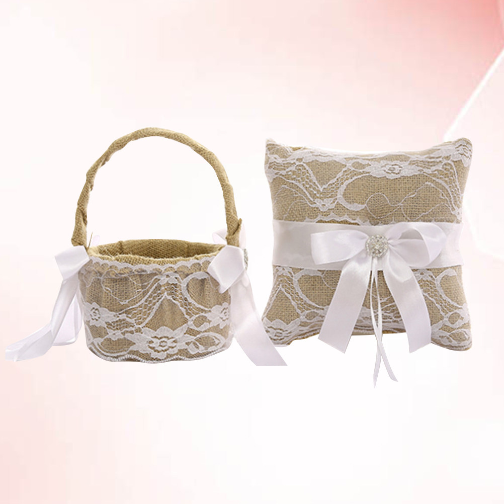 1セット ウェディングリングピロー レースリネン リボン結び - Wedding Ceremony Supply のレビューと価格