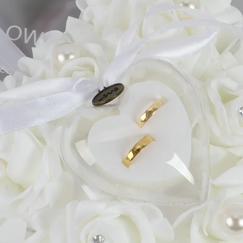 ホワイトリングベアラー枕クッションホルダーハート型バラの花リ - Ring Bearer Pillow のレビューと価格